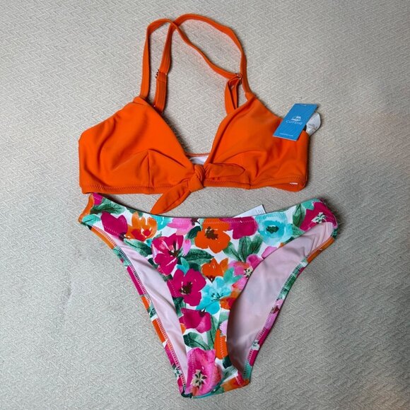 Cupshe Women 2 Piece Swimsuit Small Orange Floral Bikini Crossback Straps Cheeky - Picture 1 of 8